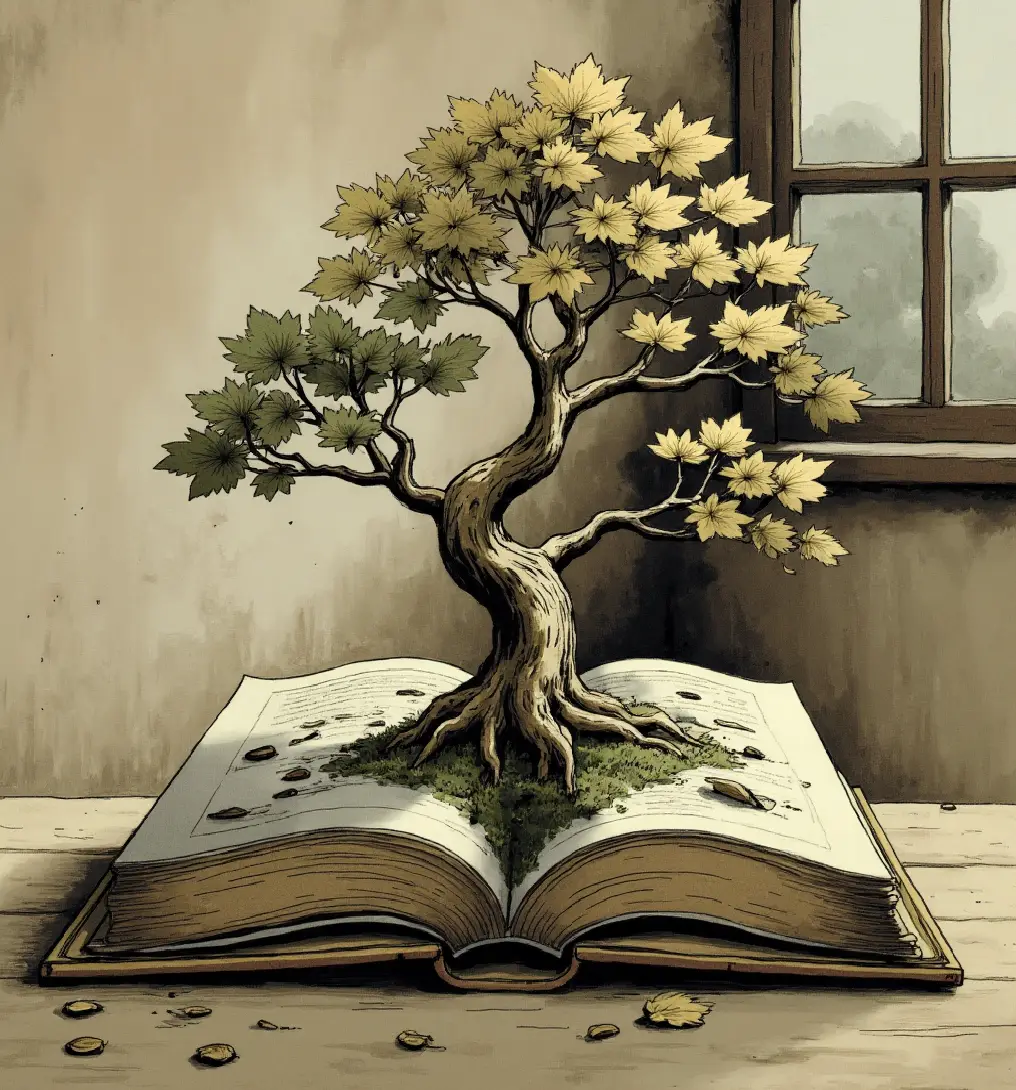 Beautiful, relaxing tree growing out of a magical book with a calming background.